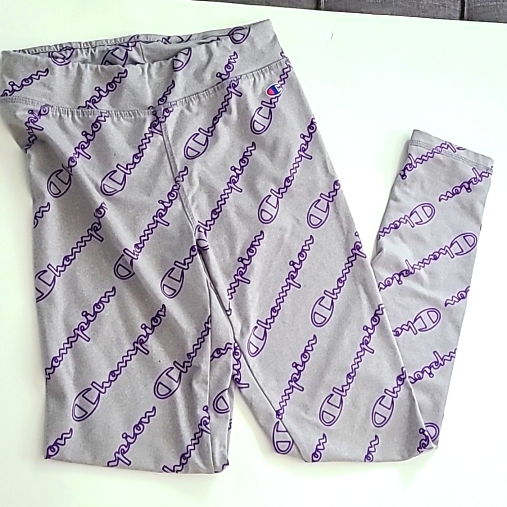 Champion Signature Script Leggings Pull On ALL OVER BRAND PRINT Purple 10/12